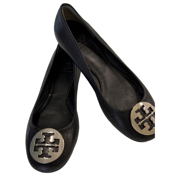 Tory Burch Black Flats with Gold Logo - Picture 2 of 9